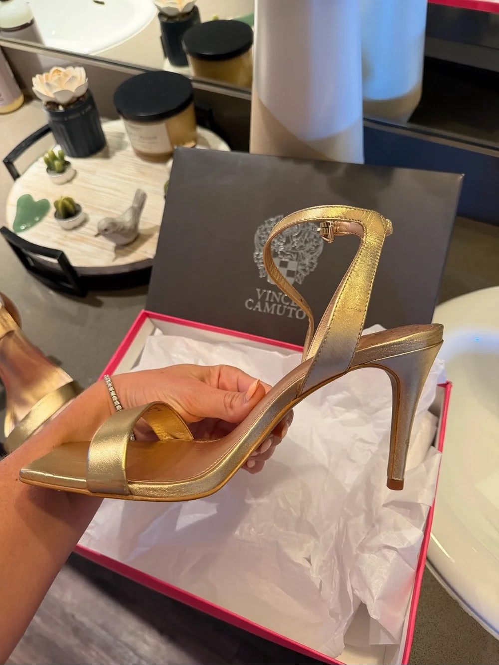 Vince Camuto- Gold Women's Ankle-Strap Sandal - Elegant Metallic Dress Heel